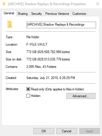 Windows Explorer showing 722 GB Folder